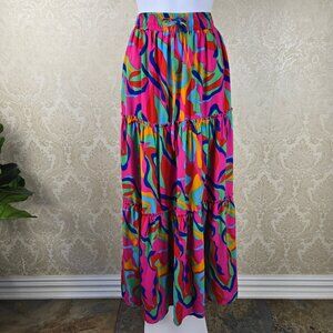 Unbranded Sz XS Colorful Maxi Skirt Tiered Ruffle Detail Elastic Waist Abstract